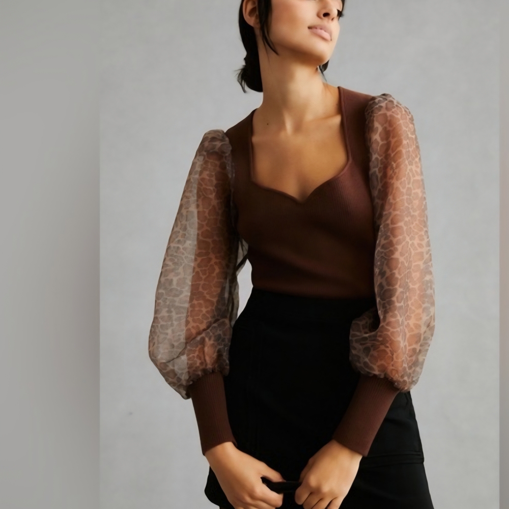 Dolan (Anthropologie) Brown Sweater with Sheer Patterned Sleeves